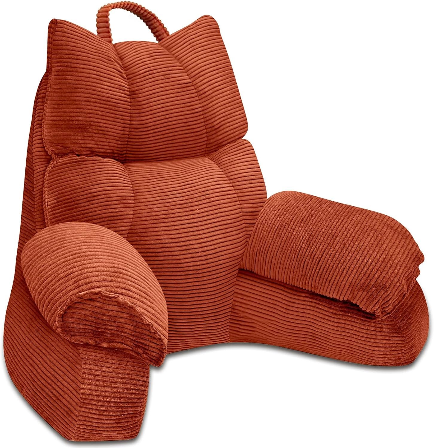 Large rust-orange corduroy reading pillow with armrests and a top carry handle